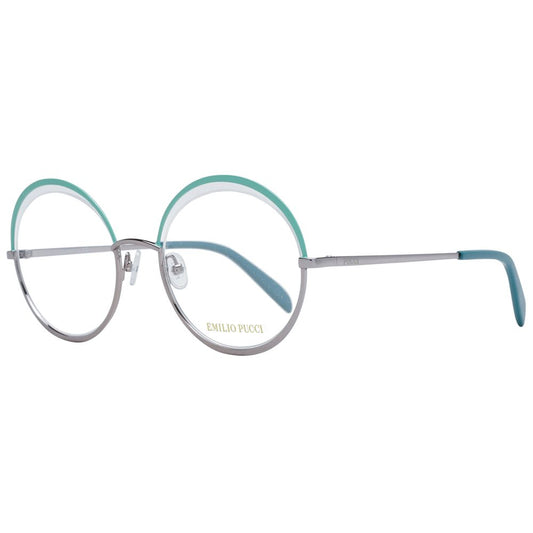 Eyeglasses Frames by Emilio Pucci for women in metal green showcases a reflective silhouette, artfully incorporating a sophisticated green coloured frame with a distinct half-frame frame design.