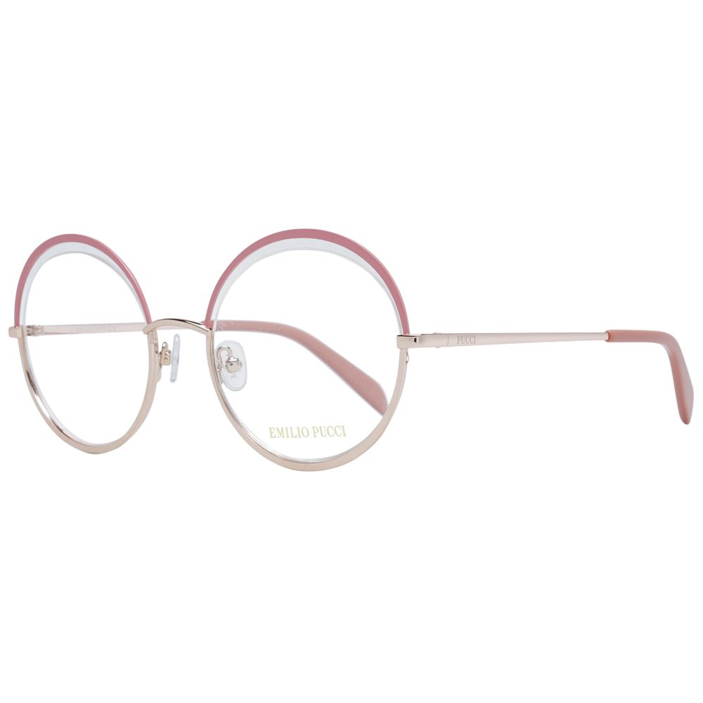 Eyeglasses Frames by Emilio Pucci for women in metal pink showcases a refined half-frame frame design with a refined rose coloured frame finish for a refined and sophisticated look.