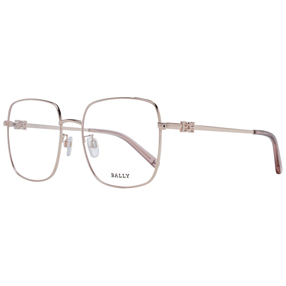 Eyeglasses Frames by Bally for women in cotton rose-gold showcases a reflective silhouette, artfully incorporating a sophisticated rose-gold coloured frame with a distinct full-frame frame design.