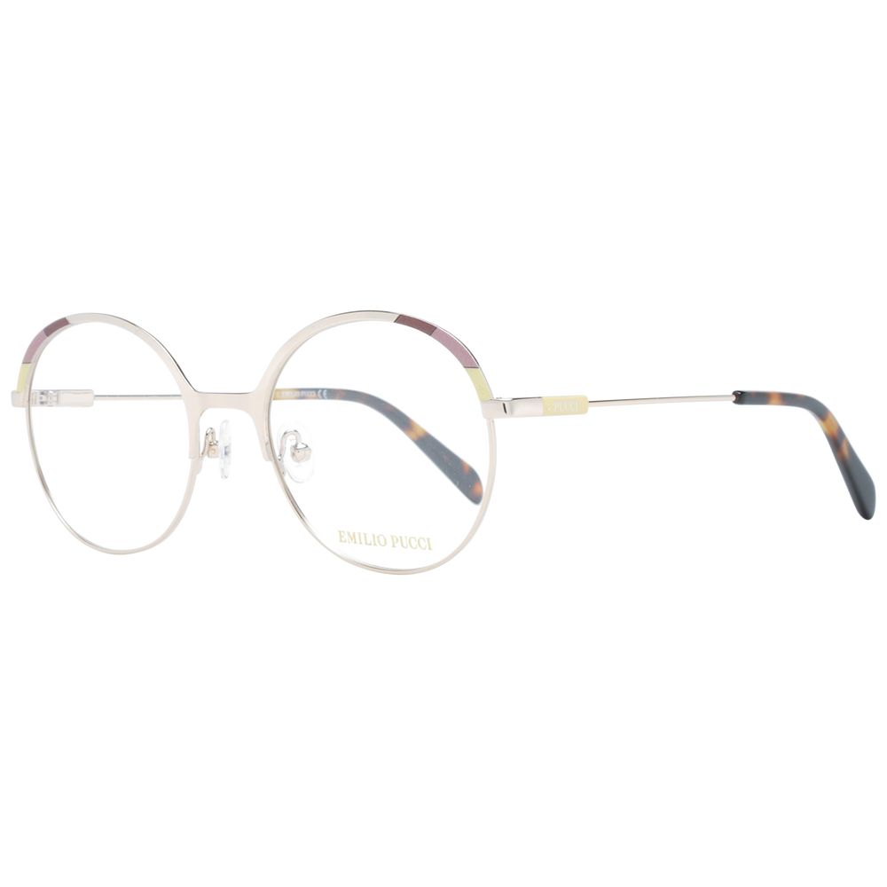 Eyeglasses Frames by Emilio Pucci for women in metal and gold showcases a refined silhouette, detailed with a gold coloured frame finish and a sophisticated full-frame frame design.