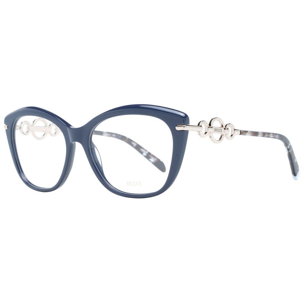 Eyeglasses Frames by Emilio Pucci for women in plastic blue showcases a reflective silhouette, artfully incorporating a sophisticated blue coloured frame with a distinct full-frame frame design.