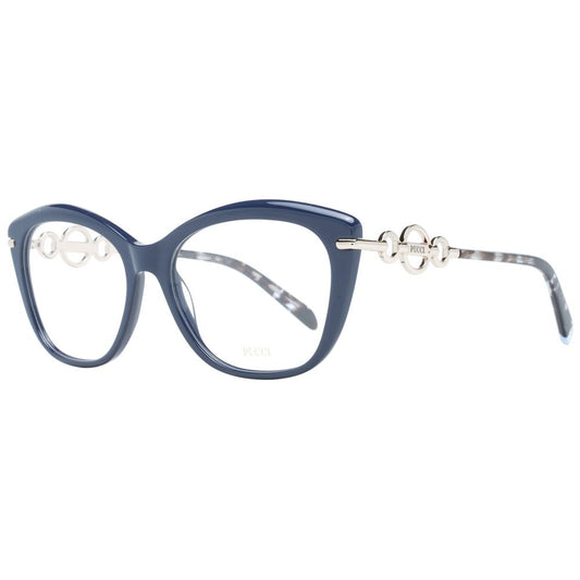 Eyeglasses Frames by Emilio Pucci for women in plastic blue showcases a reflective silhouette, artfully incorporating a sophisticated blue coloured frame with a distinct full-frame frame design.