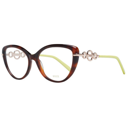 Eyeglasses Frames by Emilio Pucci for women in plastic brown showcases a reflective silhouette, artfully incorporating a sophisticated brown coloured frame with a distinct full-frame frame design.