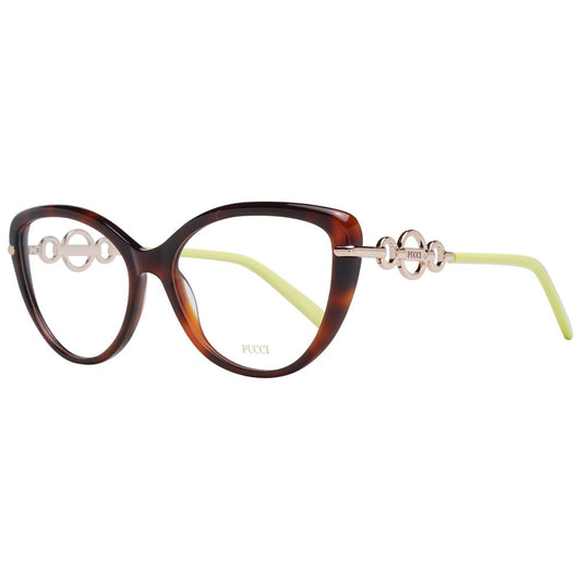 Eyeglasses Frames by Emilio Pucci for women in plastic brown showcases a reflective silhouette, artfully incorporating a sophisticated brown coloured frame with a distinct full-frame frame design.