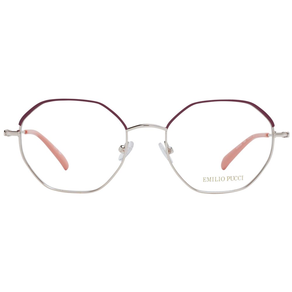 Eyeglasses Frames by Emilio Pucci for women in metal red showcases a reflective silhouette, artfully incorporating a sophisticated red coloured frame with a distinct full-frame frame design.