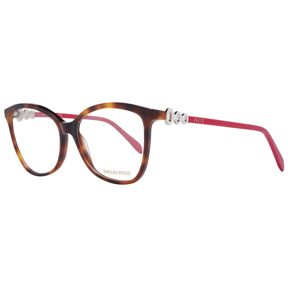 Eyeglasses Frames by Emilio Pucci for women in plastic brown showcases a refined full-frame frame design with a refined brown coloured frame finish for a refined and sophisticated look.
