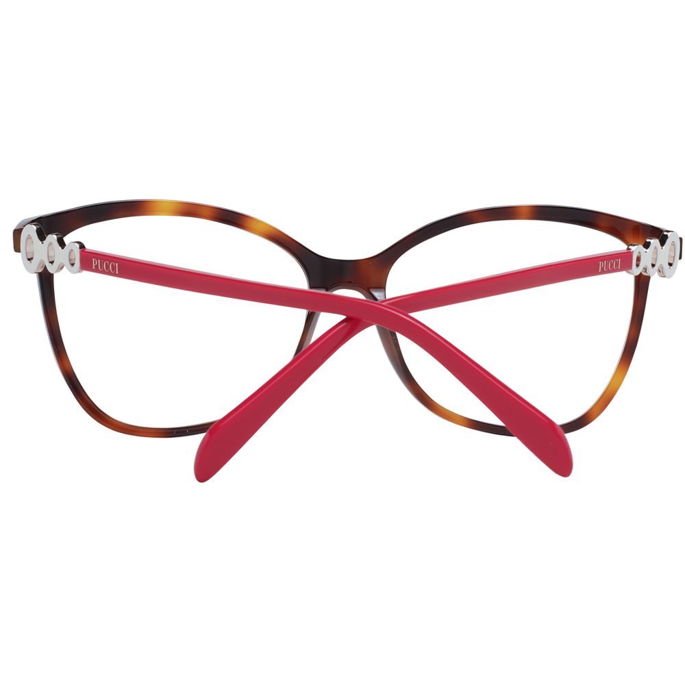 Eyeglasses Frames by Emilio Pucci for women in plastic brown showcases a reflective silhouette, artfully incorporating a sophisticated brown coloured frame with a distinct full-frame frame design.