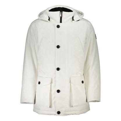 This Hooded Jacket by Hugo Boss for men in stretch polyamide white & signature showcases a magnificent silhouette, meticulously crafted with a distinctive hooded neckline and functional pockets & hooded for a magnificent finish.