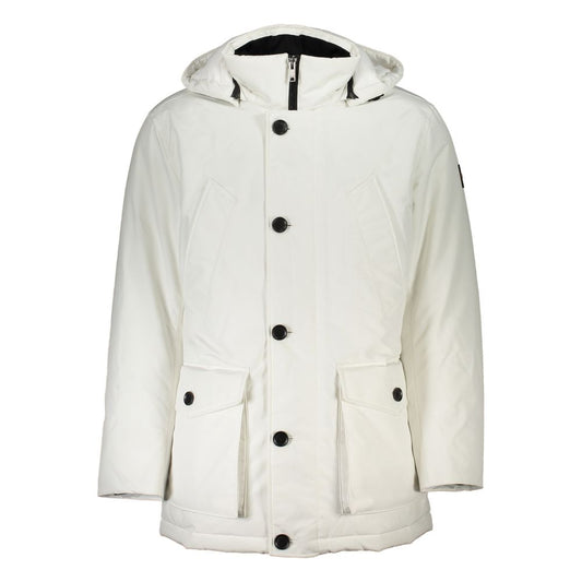 This Hooded Jacket by Hugo Boss for men in stretch polyamide white & signature showcases a magnificent silhouette, meticulously crafted with a distinctive hooded neckline and functional pockets & hooded for a magnificent finish.