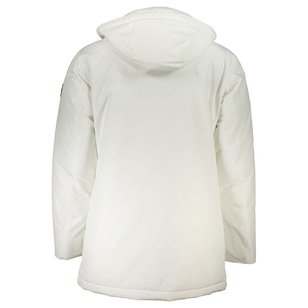 Hooded Jacket by Hugo Boss for men in stretch polyamide white & signature showcases a enveloping silhouette, artfully detailed with a enveloping and premium pockets & hooded for a truly enveloping finish.
