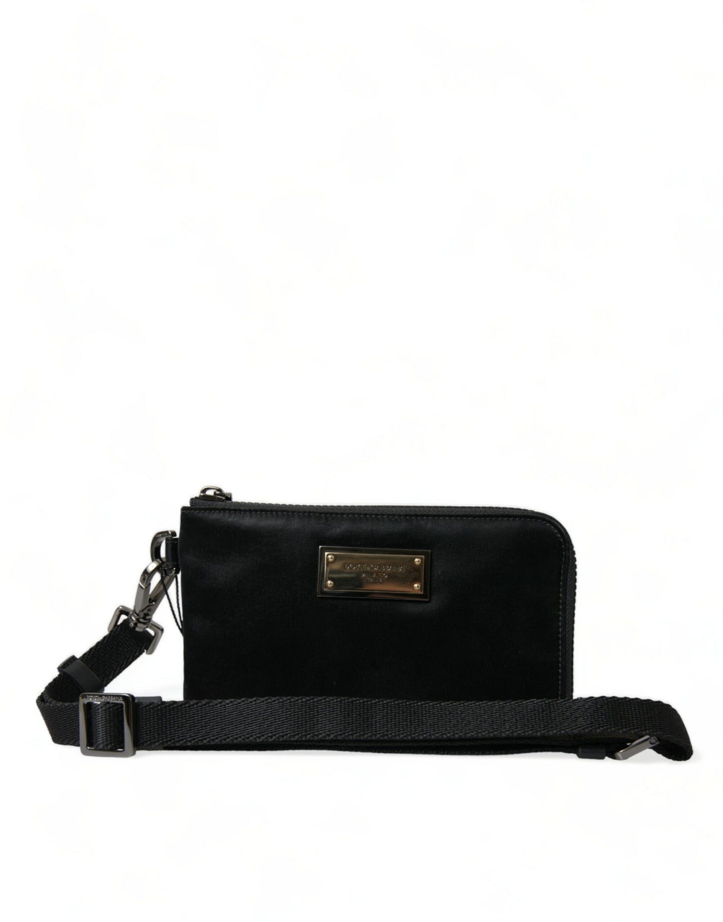Compact Pouch Clutch Handbag by Dolce & Gabbana for women in calfskin leather & nylon black & silver showcases a sculptural silhouette, featuring a secure zipper, ample , and versatile detachable-strap for a sculptural finish.