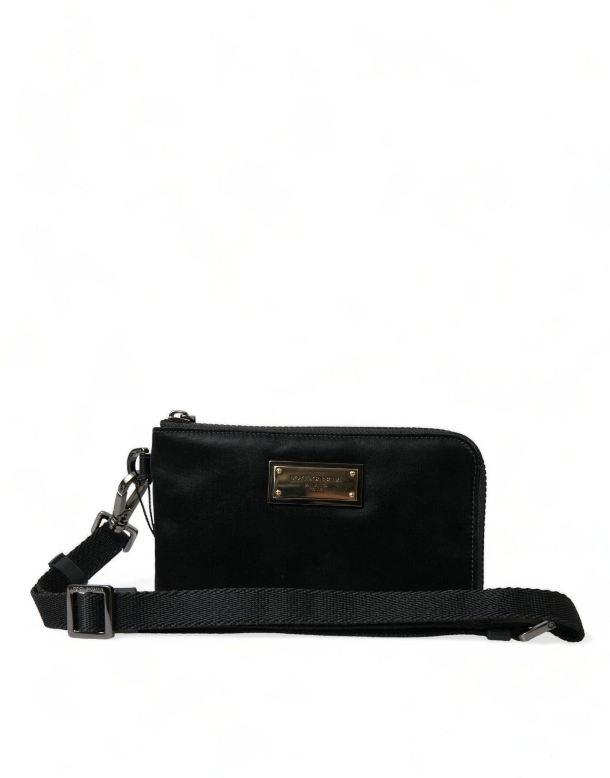 Compact Pouch Clutch Handbag by Dolce & Gabbana for women in calfskin leather & nylon black & silver showcases a sculptural silhouette, featuring a secure zipper, ample , and versatile detachable-strap for a sculptural finish.