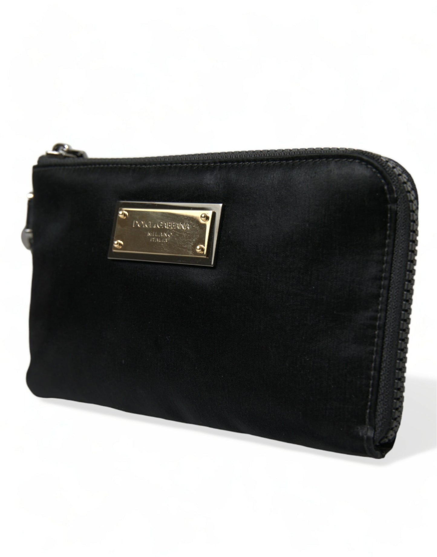 Compact Pouch Clutch Handbag by Dolce & Gabbana for women in calfskin leather & nylon black & silver showcases a sculptural silhouette, featuring a secure zipper, ample , and versatile detachable-strap for a sculptural aesthetic.