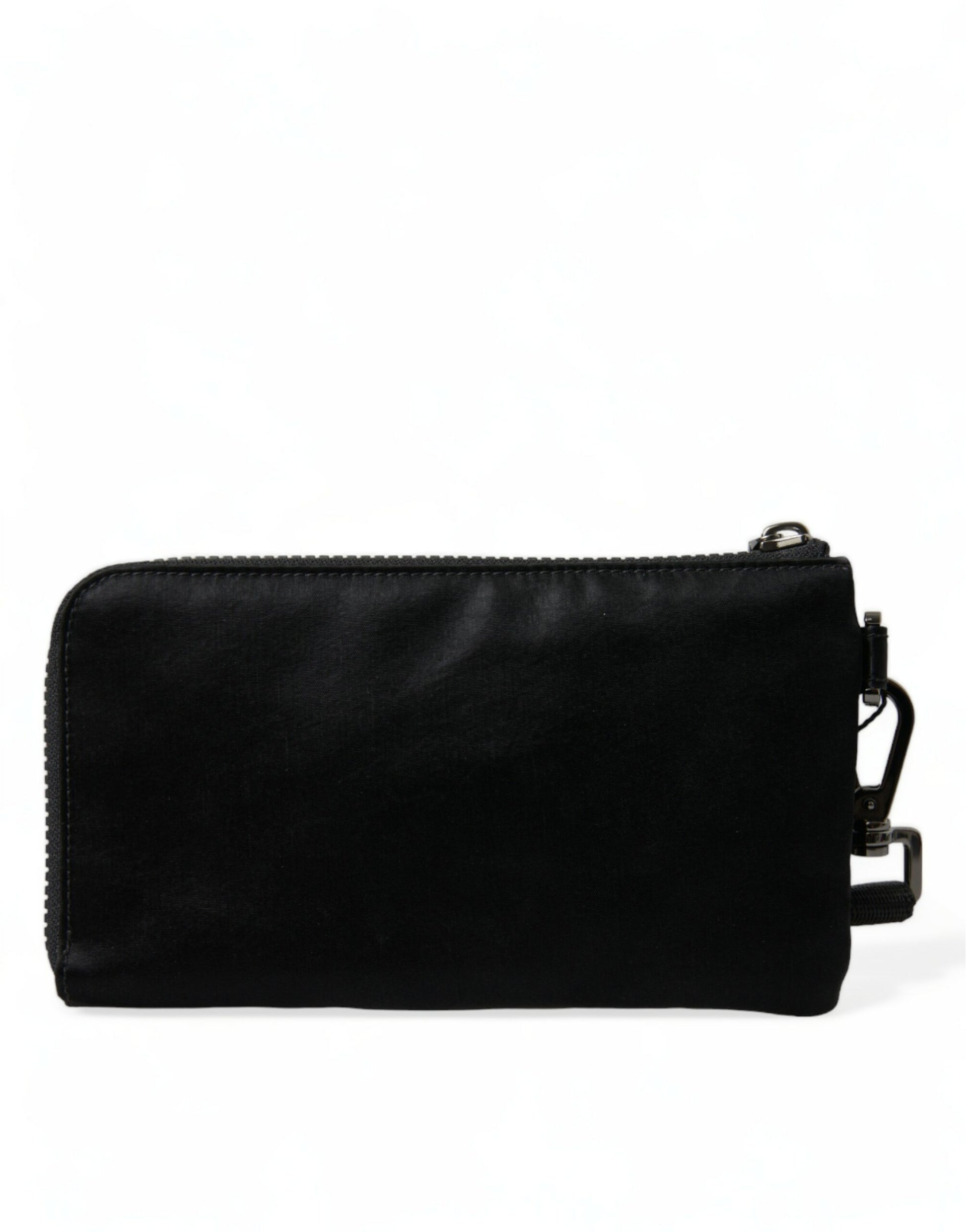 Compact Pouch Clutch Handbag by Dolce & Gabbana for women in calfskin leather & nylon black & silver features an sculptural silhouette, showcasing a secure zipper and sculptural with versatile detachable-strap for a sophisticated look.