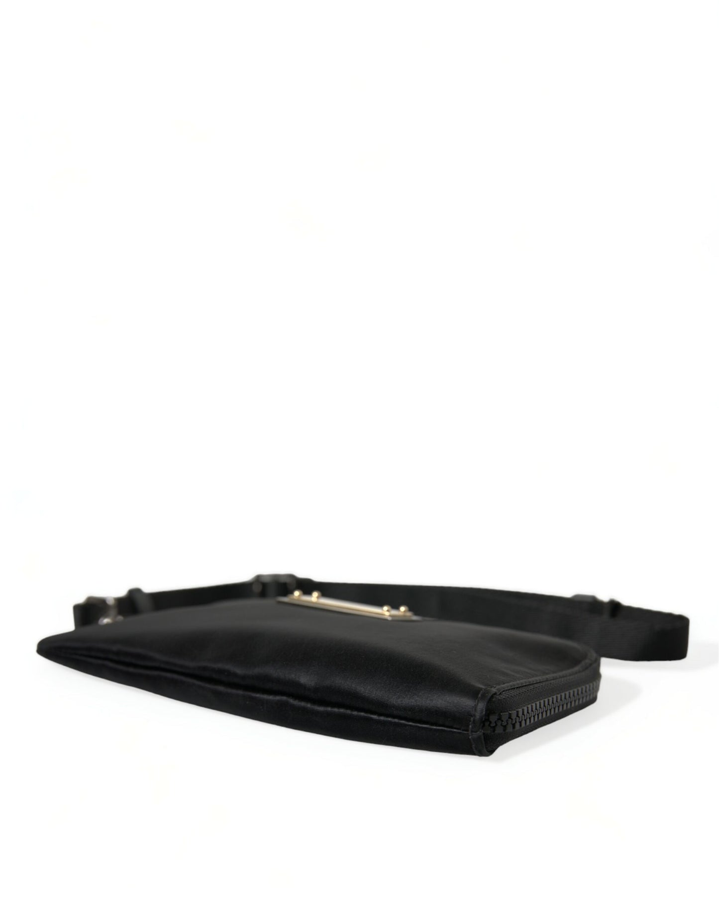 Compact Pouch Clutch Handbag by Dolce & Gabbana for women in calfskin leather & nylon black & silver features a statuesque silhouette, showcasing a secure zipper and organized with versatile detachable-strap for statuesque evening wear.
