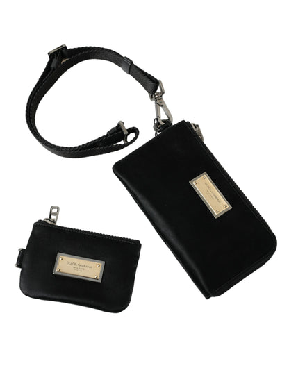 Compact Pouch Clutch Handbag by Dolce & Gabbana for women in calfskin leather & nylon black & silver showcases a sculptural silhouette, featuring a secure zipper, ample , and versatile detachable-strap for a sculptural finish.