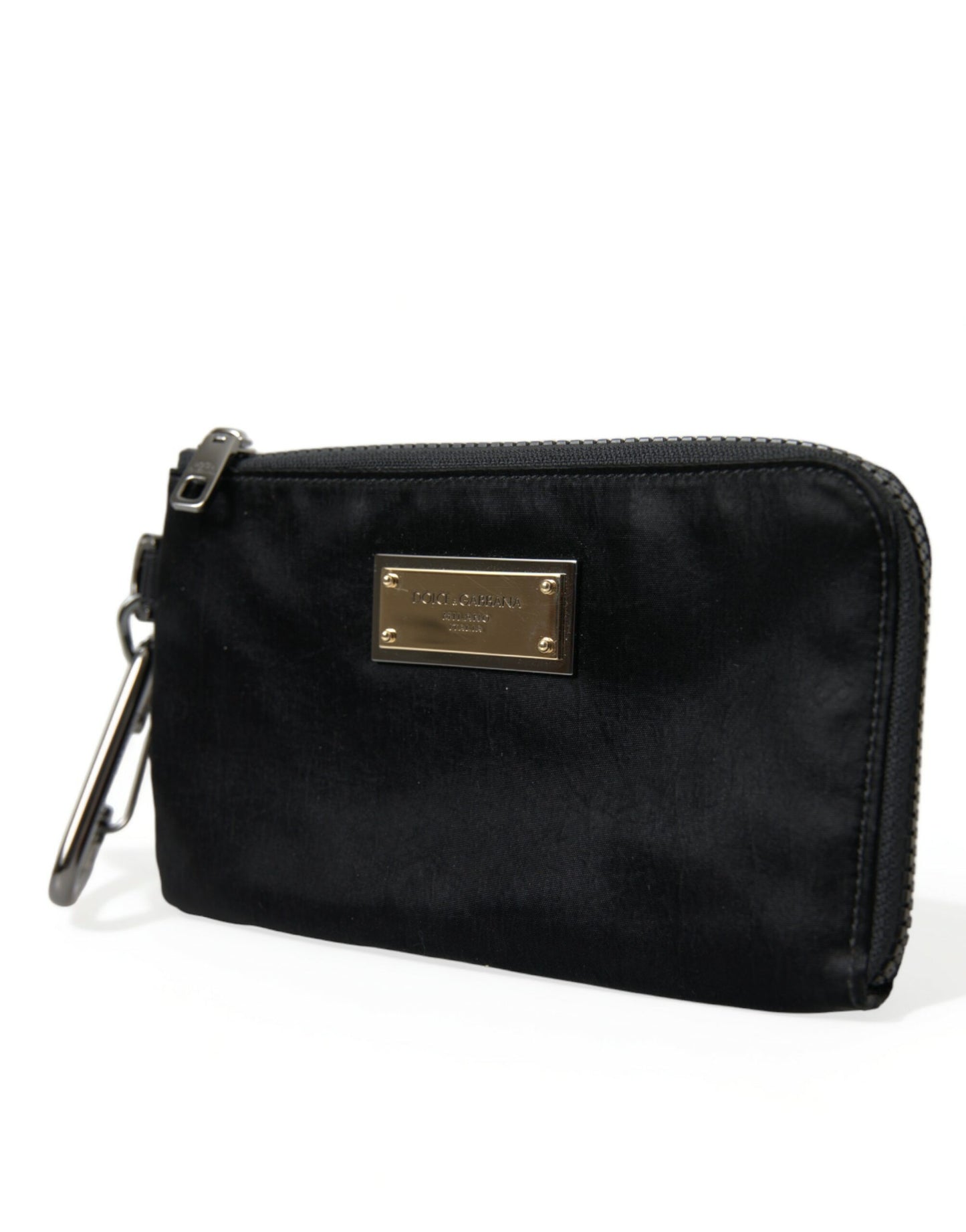 Pouch Clutch Handbag by Dolce & Gabbana for men in calfskin leather & nylon black, gold & silver features an sculptural silhouette, showcasing a secure zipper and sculptural with versatile for a sophisticated look.