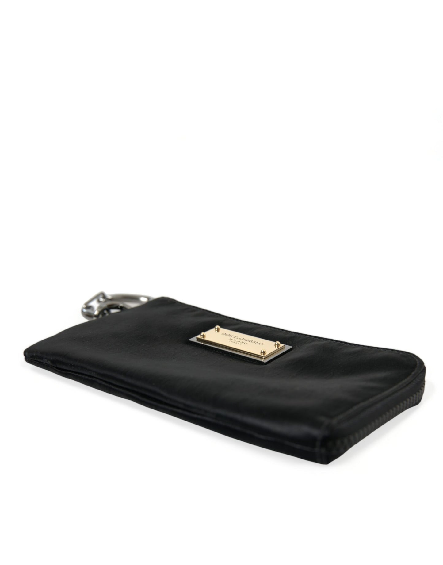 Pouch Clutch Handbag by Dolce & Gabbana for men in calfskin leather & nylon black, gold & silver showcases a sculptural silhouette, featuring a secure zipper, ample , and versatile for a sculptural aesthetic.