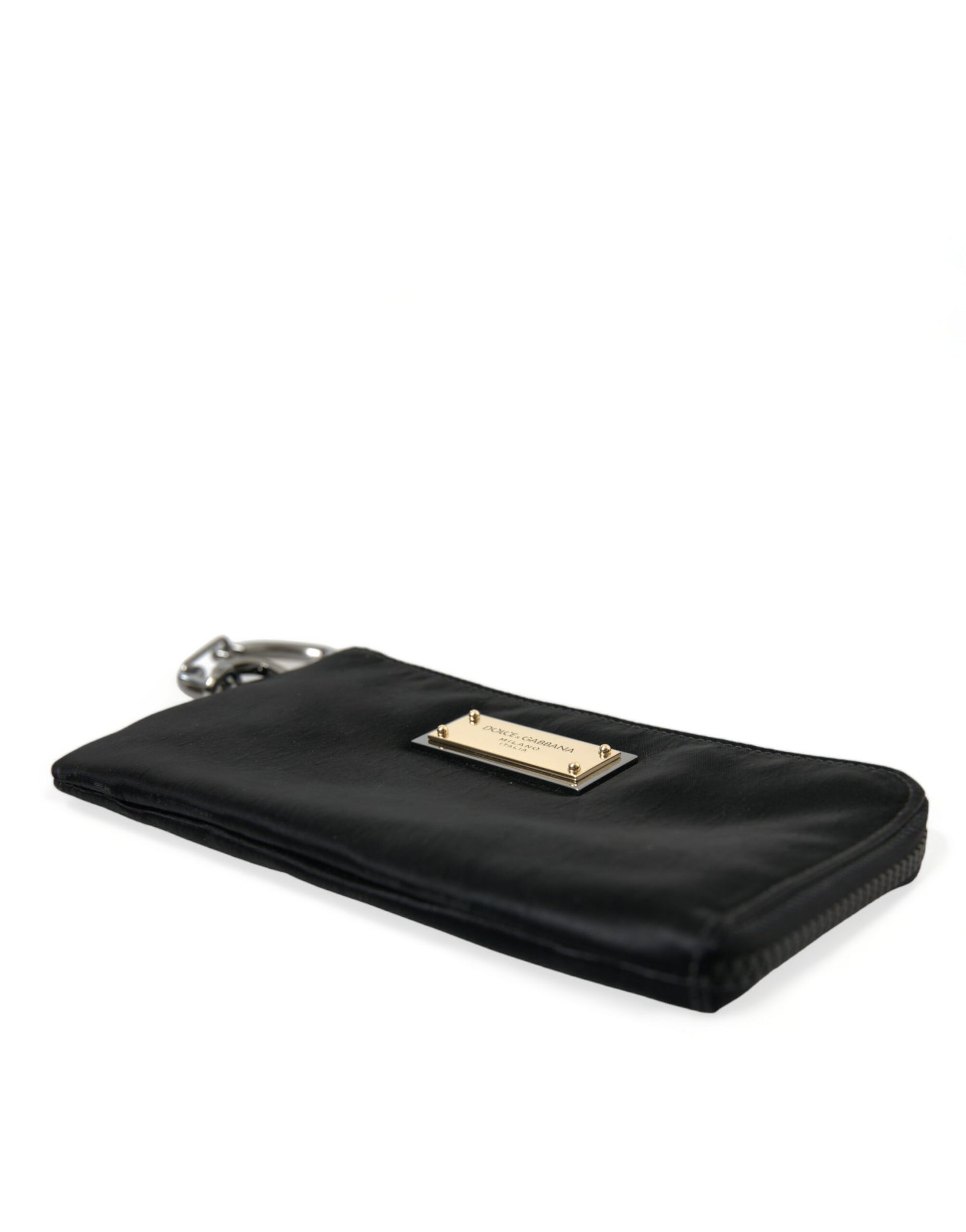 Pouch Clutch Handbag by Dolce & Gabbana for men in calfskin leather & nylon black, gold & silver showcases a sculptural silhouette, featuring a secure zipper, ample , and versatile for a sculptural aesthetic.