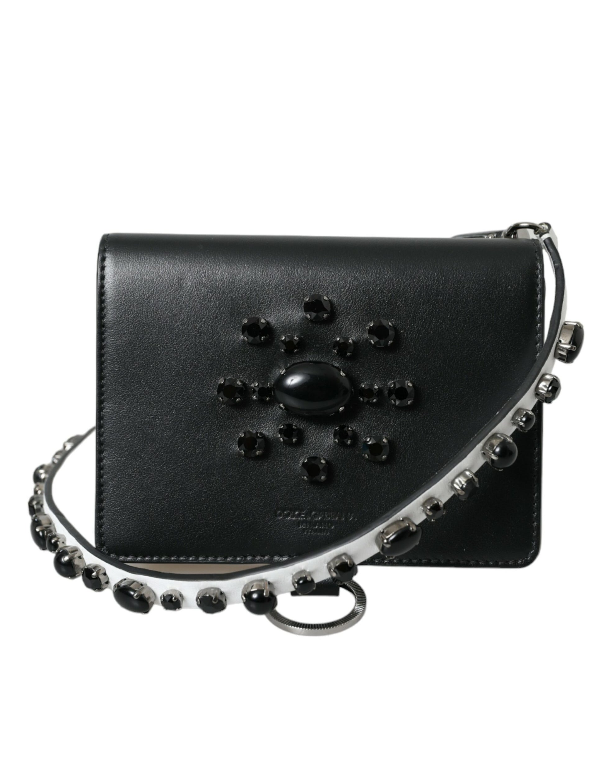Cardholder Wallet by Dolce & Gabbana for women in brass crystal & calf leather black, silver & white showcases a refined silhouette, artfully detailed with the signature style of the Brass Crystal Calf Leather Cardholder Wallet and functional card-organization compact-design.