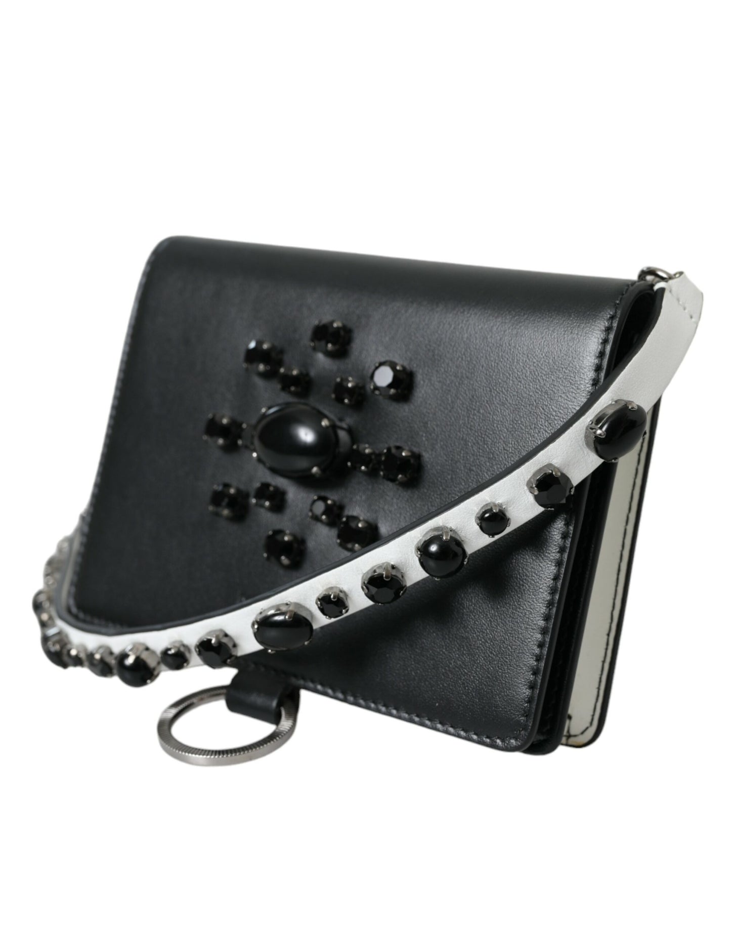Cardholder Wallet by Dolce & Gabbana for women in brass crystal & calf leather black, silver & white presents a architectural silhouette from the Brass Crystal Calf Leather Cardholder Wallet collection, showcasing architectural card-organization compact-design for a architectural finish.