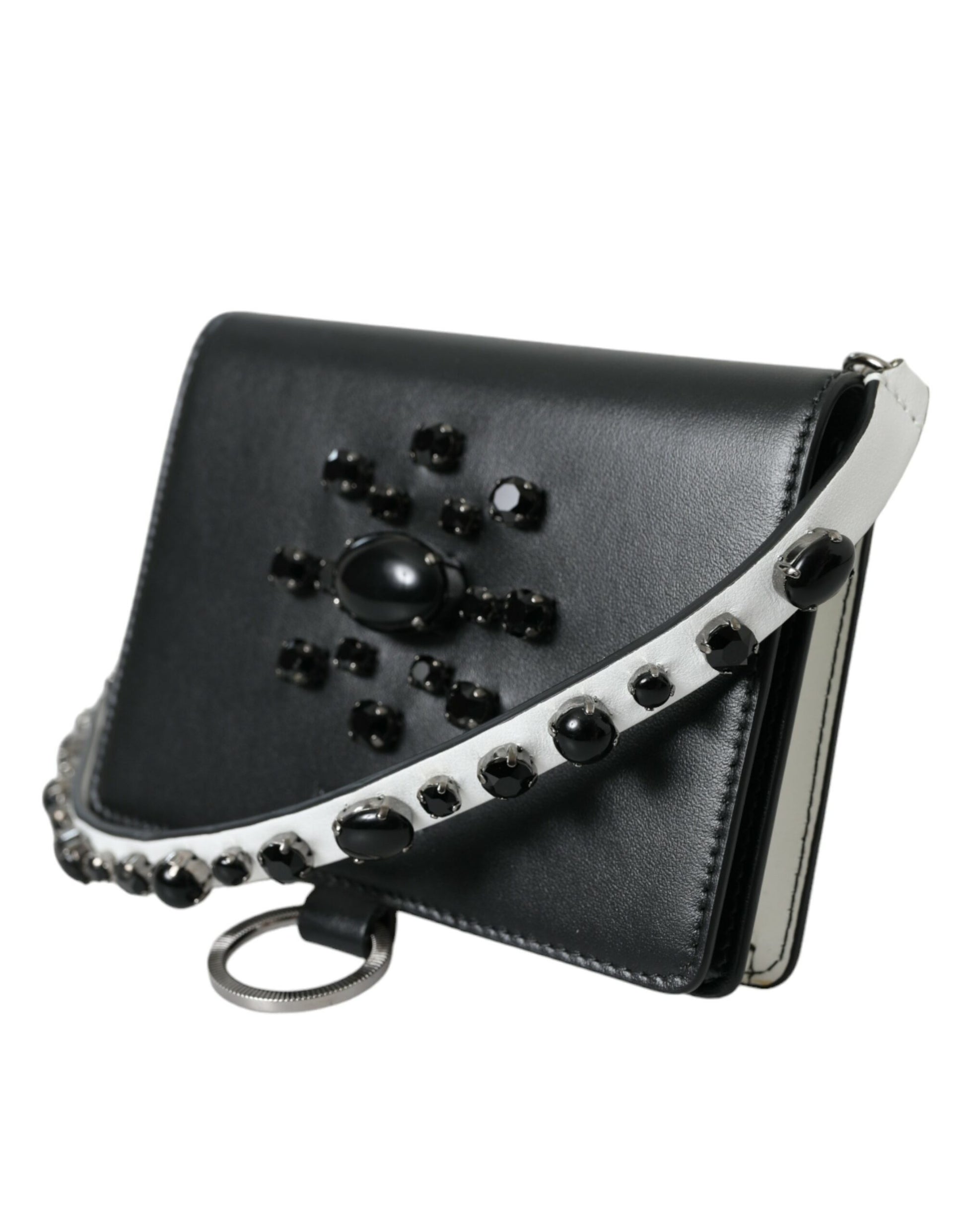 Cardholder Wallet by Dolce & Gabbana for women in brass crystal & calf leather black, silver & white presents a architectural silhouette from the Brass Crystal Calf Leather Cardholder Wallet collection, showcasing architectural card-organization compact-design for a architectural finish.