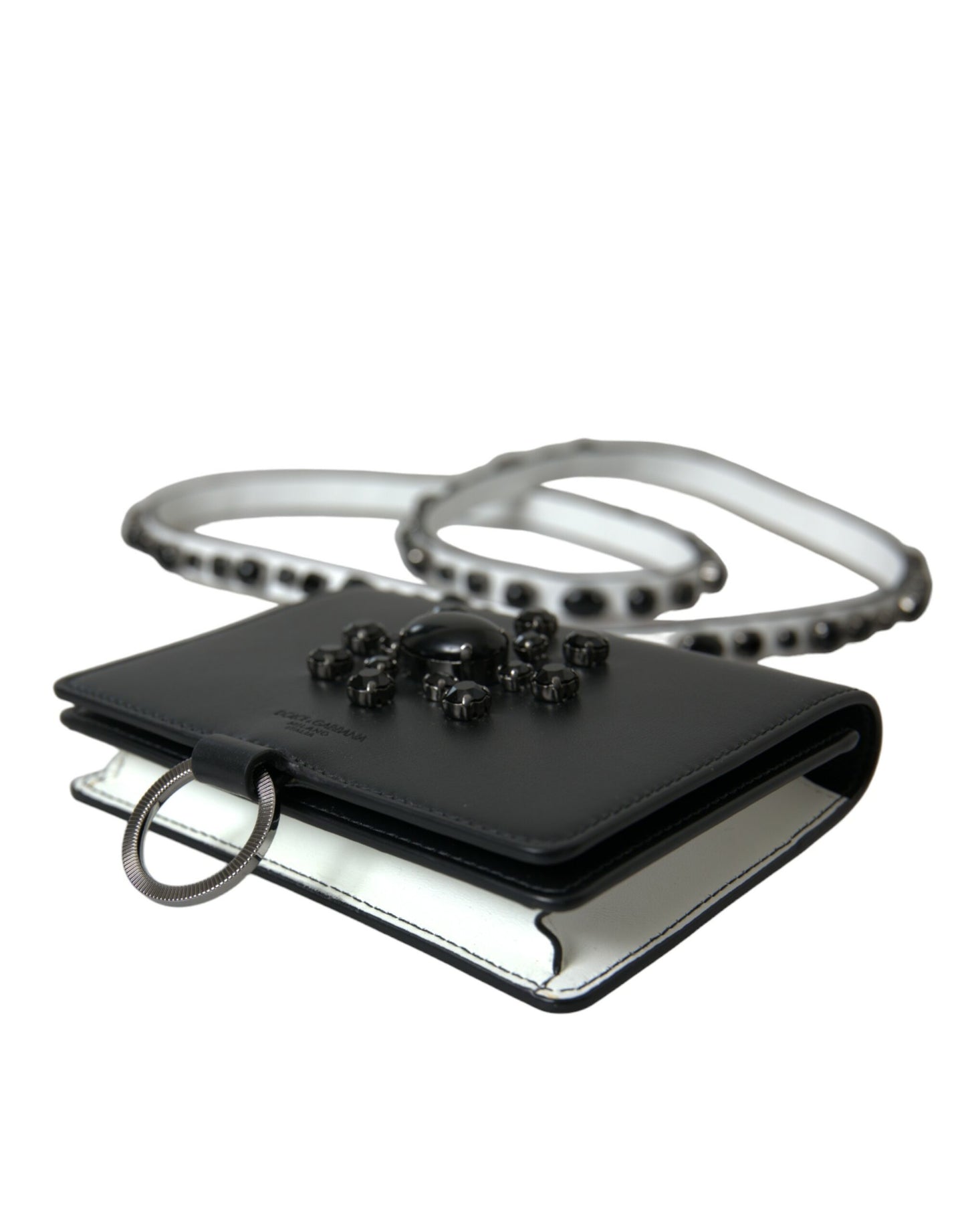 Cardholder Wallet by Dolce & Gabbana for women in brass crystal & calf leather black, silver & white features a streamlined silhouette, showcasing the streamlined Brass Crystal Calf Leather Cardholder Wallet design with sophisticated card-organization compact-design for a premium look.