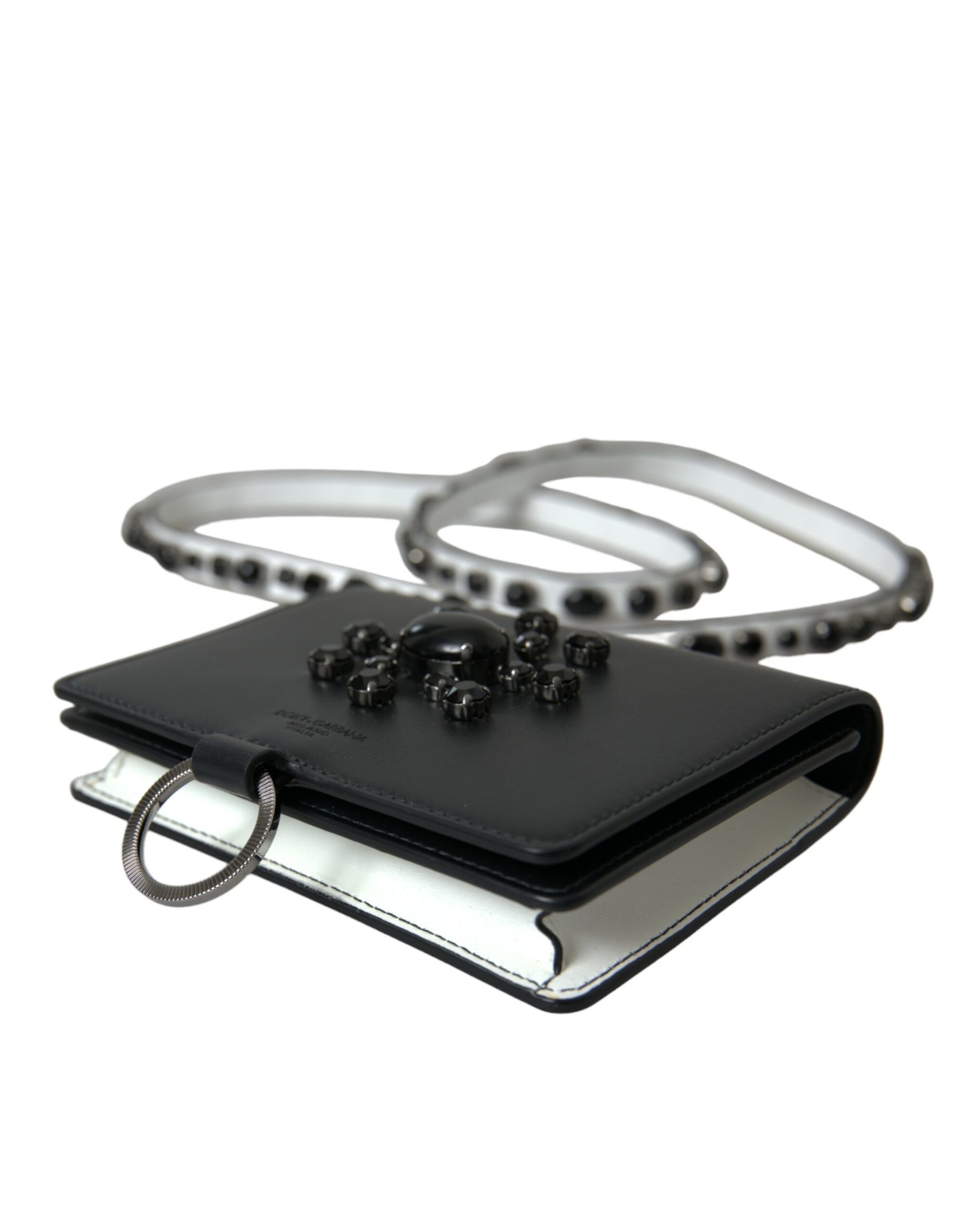 Cardholder Wallet by Dolce & Gabbana for women in brass crystal & calf leather black, silver & white features a streamlined silhouette, showcasing the streamlined Brass Crystal Calf Leather Cardholder Wallet design with sophisticated card-organization compact-design for a premium look.