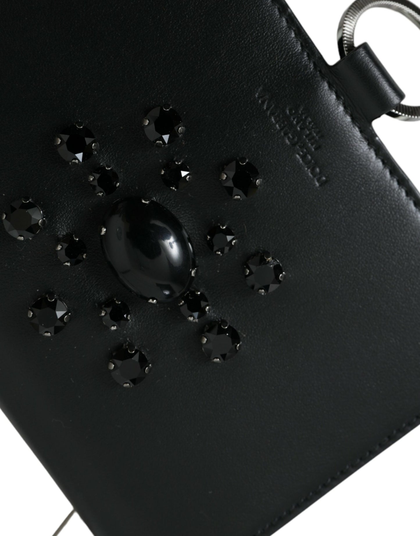 Cardholder Wallet by Dolce & Gabbana for women in brass crystal & calf leather black, silver & white showcases a discerning silhouette, artfully capturing the essence of Brass Crystal Calf Leather Cardholder Wallet with its functional card-organization compact-design.