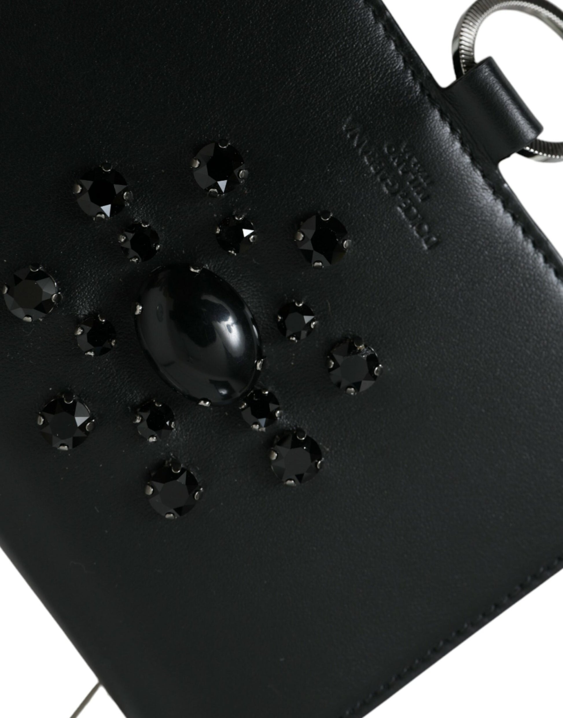 Cardholder Wallet by Dolce & Gabbana for women in brass crystal & calf leather black, silver & white showcases a discerning silhouette, artfully capturing the essence of Brass Crystal Calf Leather Cardholder Wallet with its functional card-organization compact-design.