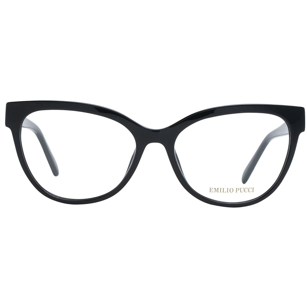 Eyeglasses Frames by Emilio Pucci for women in plastic black showcases a reflective silhouette, artfully incorporating a sophisticated black coloured frame with a distinct full-frame frame design.