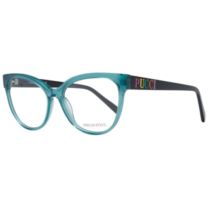 Eyeglasses Frames by Emilio Pucci for women in plastic green showcases a reflective silhouette, artfully incorporating a sophisticated green coloured frame with a distinct full-frame frame design.