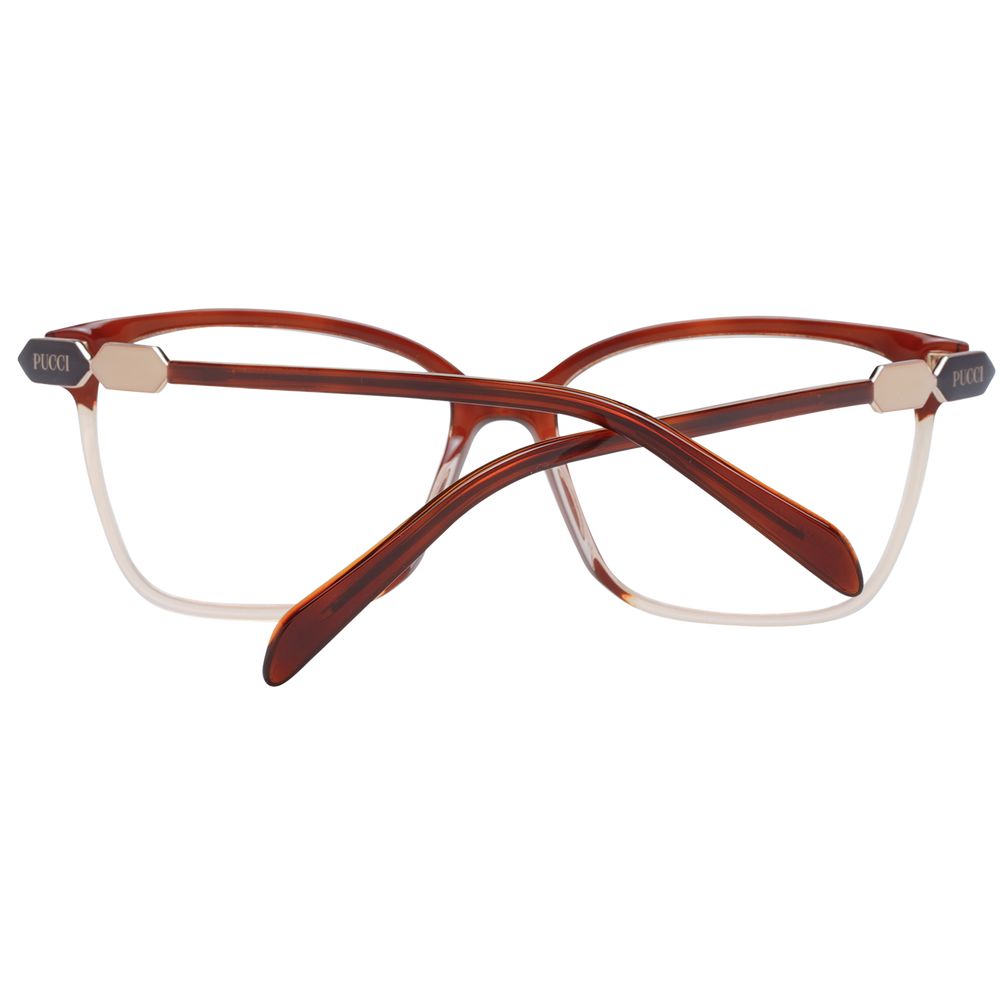 Eyeglasses Frames by Emilio Pucci for women in plastic brown showcases a refined full-frame frame design with a refined brown coloured frame finish for a refined and sophisticated look.