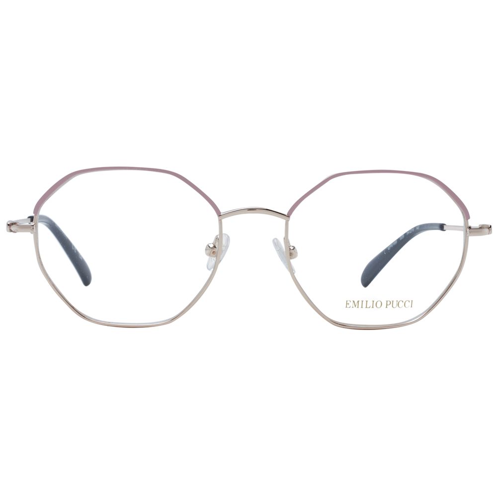 Eyeglasses Frames by Emilio Pucci for women in metal pink showcases a reflective silhouette, artfully incorporating a sophisticated rose coloured frame with a distinct full-frame frame design.