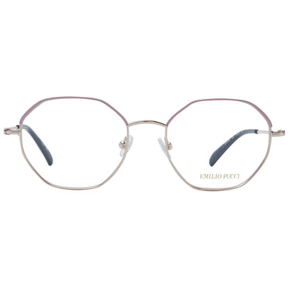 Eyeglasses Frames by Emilio Pucci for women in metal pink showcases a reflective silhouette, artfully incorporating a sophisticated rose coloured frame with a distinct full-frame frame design.