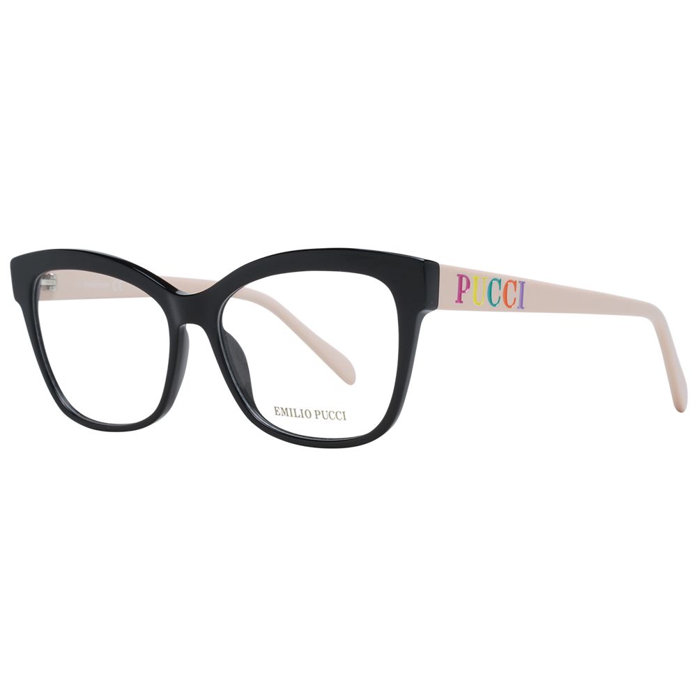 Eyeglasses Frames by Emilio Pucci for women in plastic black showcases a reflective silhouette, artfully incorporating a sophisticated black coloured frame with a distinct full-frame frame design.