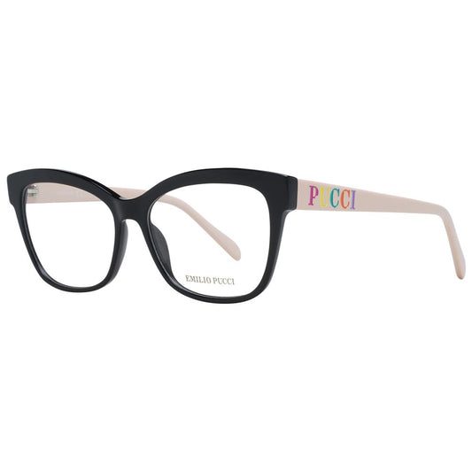 Eyeglasses Frames by Emilio Pucci for women in plastic black showcases a reflective silhouette, artfully incorporating a sophisticated black coloured frame with a distinct full-frame frame design.
