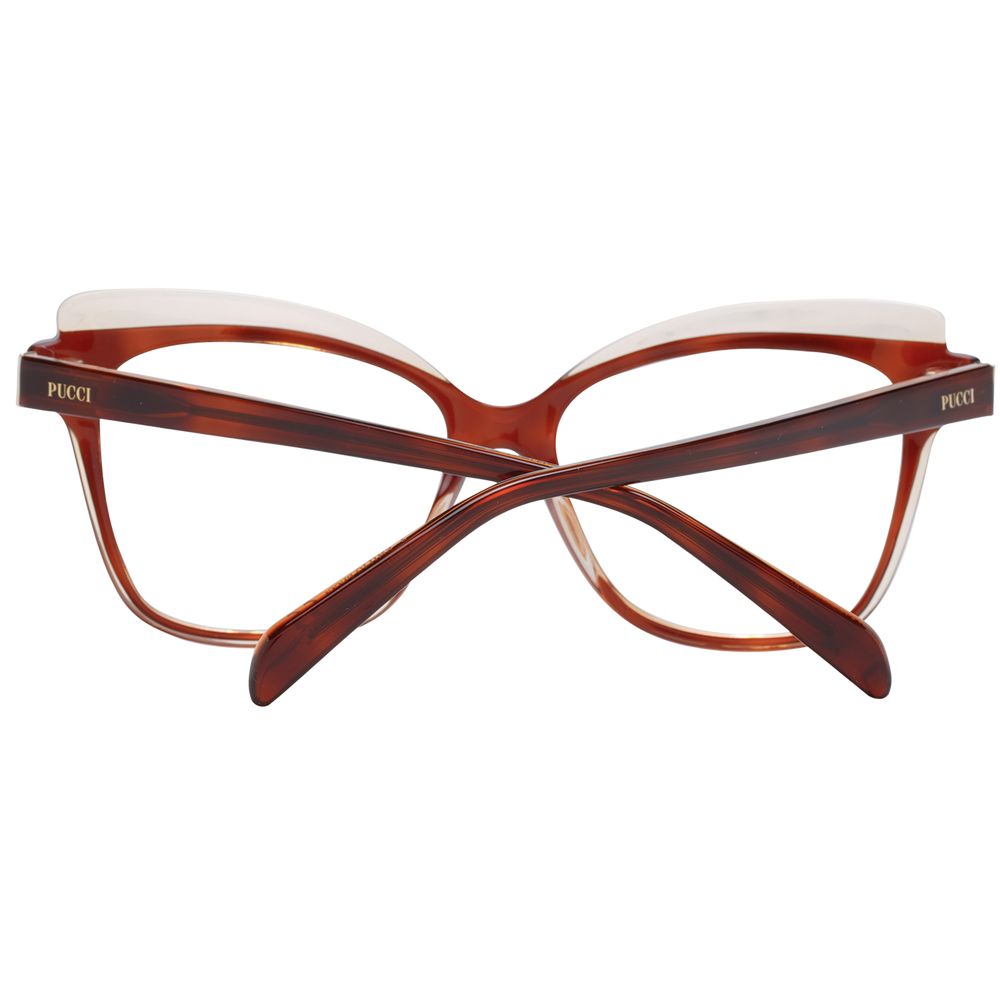 Eyeglasses Frames by Emilio Pucci for women in plastic brown showcases a reflective silhouette, artfully incorporating a sophisticated brown coloured frame with a distinct full-frame frame design.