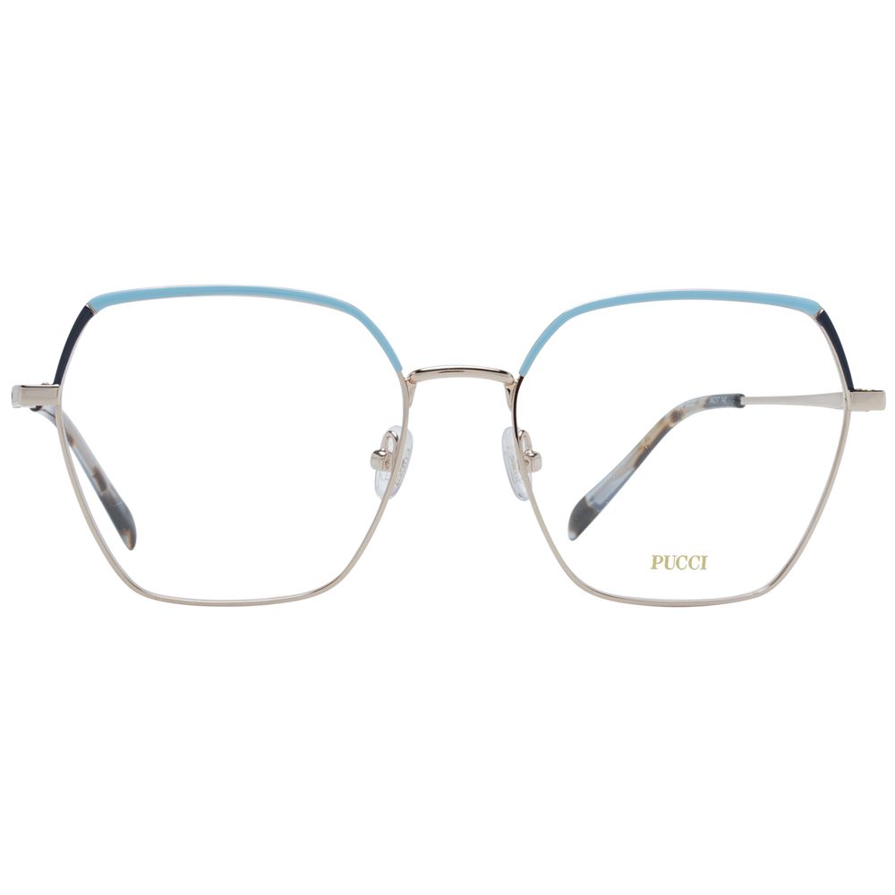 Eyeglasses Frames by Emilio Pucci for women in metal gold features an refined silhouette, showcasing the refined gold coloured frame and sophisticated full-frame frame design.