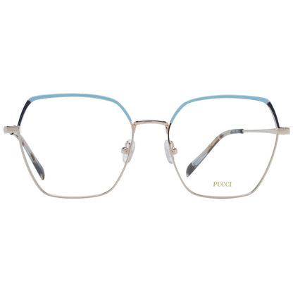 Eyeglasses Frames by Emilio Pucci for women in metal gold features an refined silhouette, showcasing the refined gold coloured frame and sophisticated full-frame frame design.
