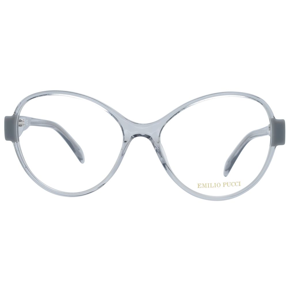 Eyeglasses Frames by Emilio Pucci for women in plastic transparent showcases a reflective silhouette, artfully incorporating a sophisticated transparent coloured frame with a distinct full-frame frame design.