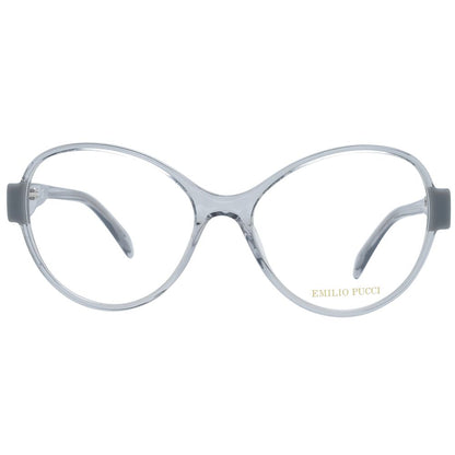 Eyeglasses Frames by Emilio Pucci for women in plastic transparent showcases a reflective silhouette, artfully incorporating a sophisticated transparent coloured frame with a distinct full-frame frame design.
