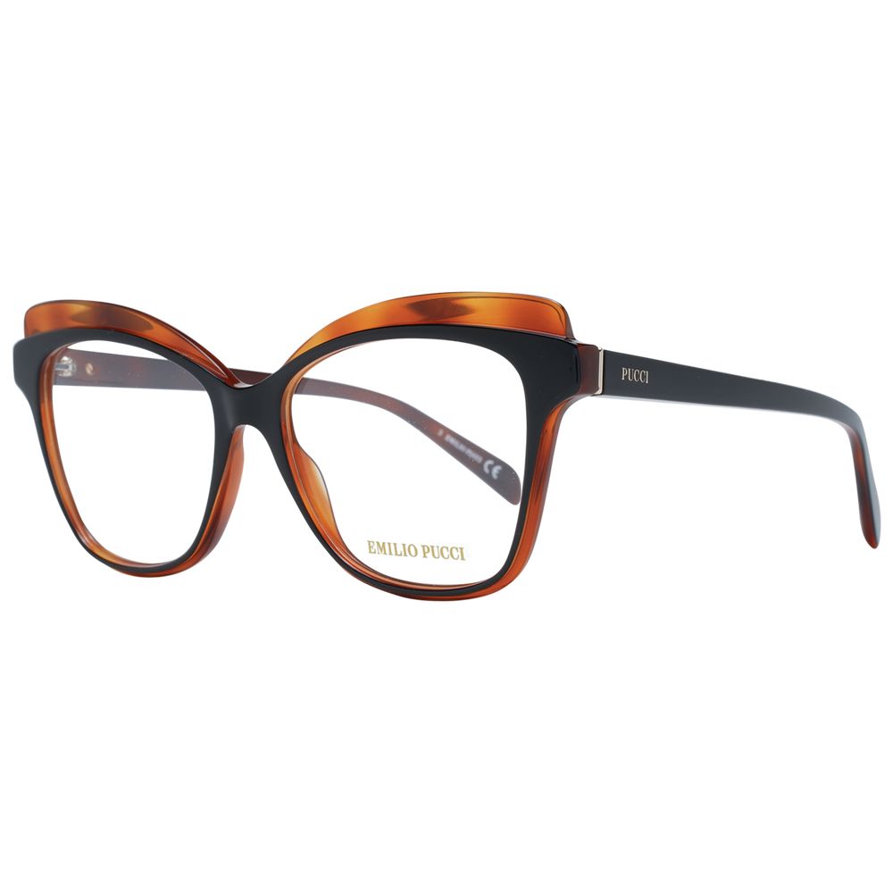 Eyeglasses Frames by Emilio Pucci for women in plastic brown showcases a reflective silhouette, artfully incorporating a sophisticated brown coloured frame with a distinct full-frame frame design.