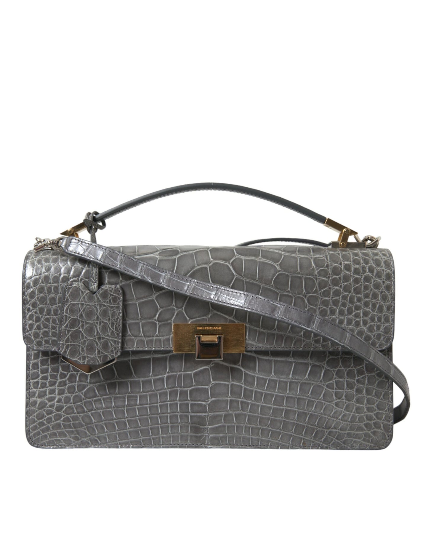 Medium Shoulder Bag by Balenciaga for women in alligator skin leather gray features a statuesque silhouette, showcasing a secure magnetic and statuesque with versatile shoulder-strap, adjustable-strap, detachable-strap & handle for a statuesque finish.