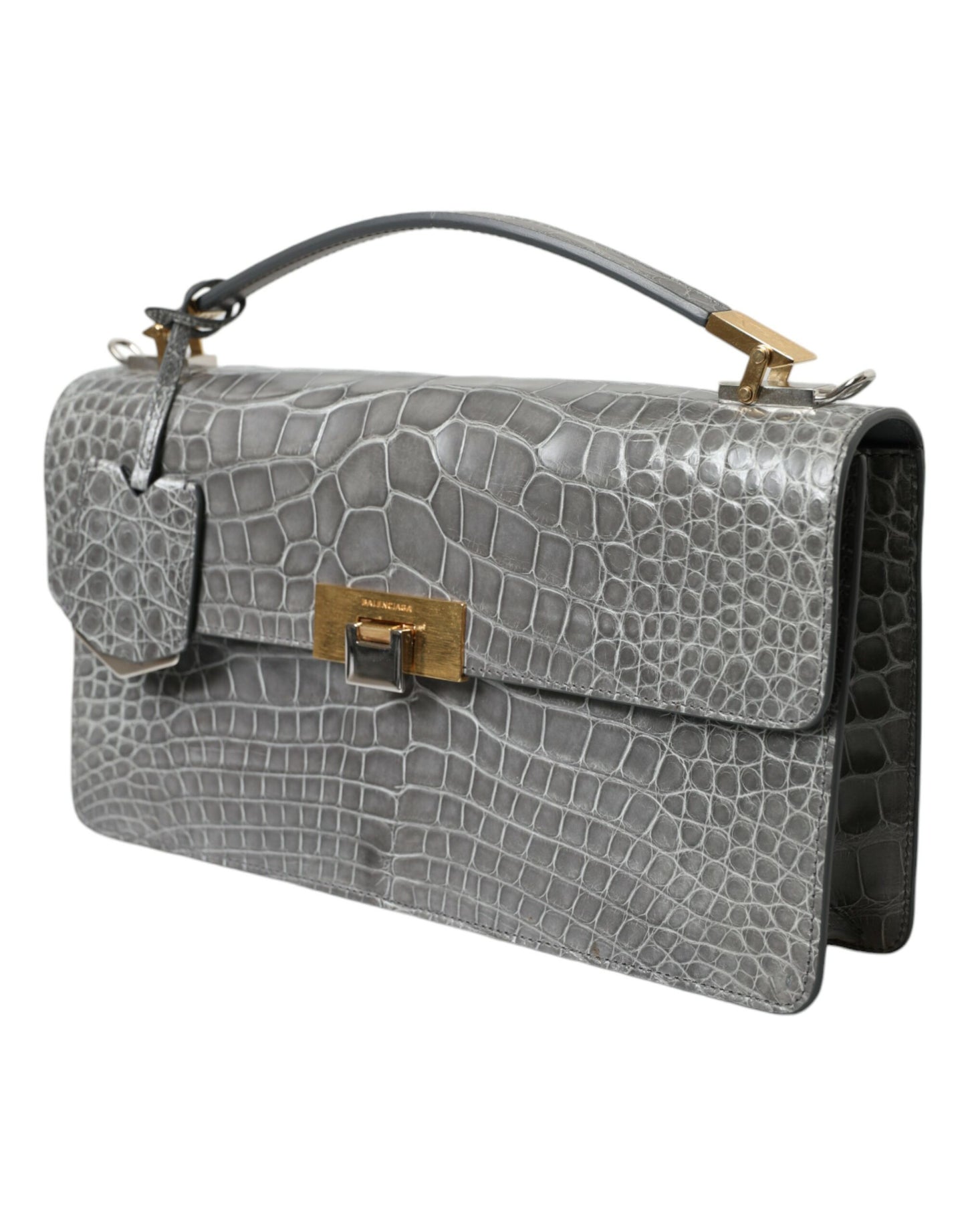 Medium Shoulder Bag by Balenciaga for women in alligator skin leather gray features a statuesque silhouette, showcasing a secure magnetic and statuesque with versatile shoulder-strap, adjustable-strap, detachable-strap & handle for a statuesque finish.