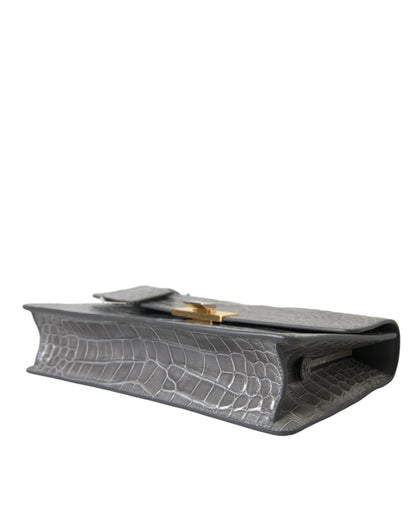 Medium Shoulder Bag by Balenciaga for women in alligator skin leather gray features a stately silhouette, showcasing a secure magnetic, ample , and stately shoulder-strap, adjustable-strap, detachable-strap & handle for a stately finish.