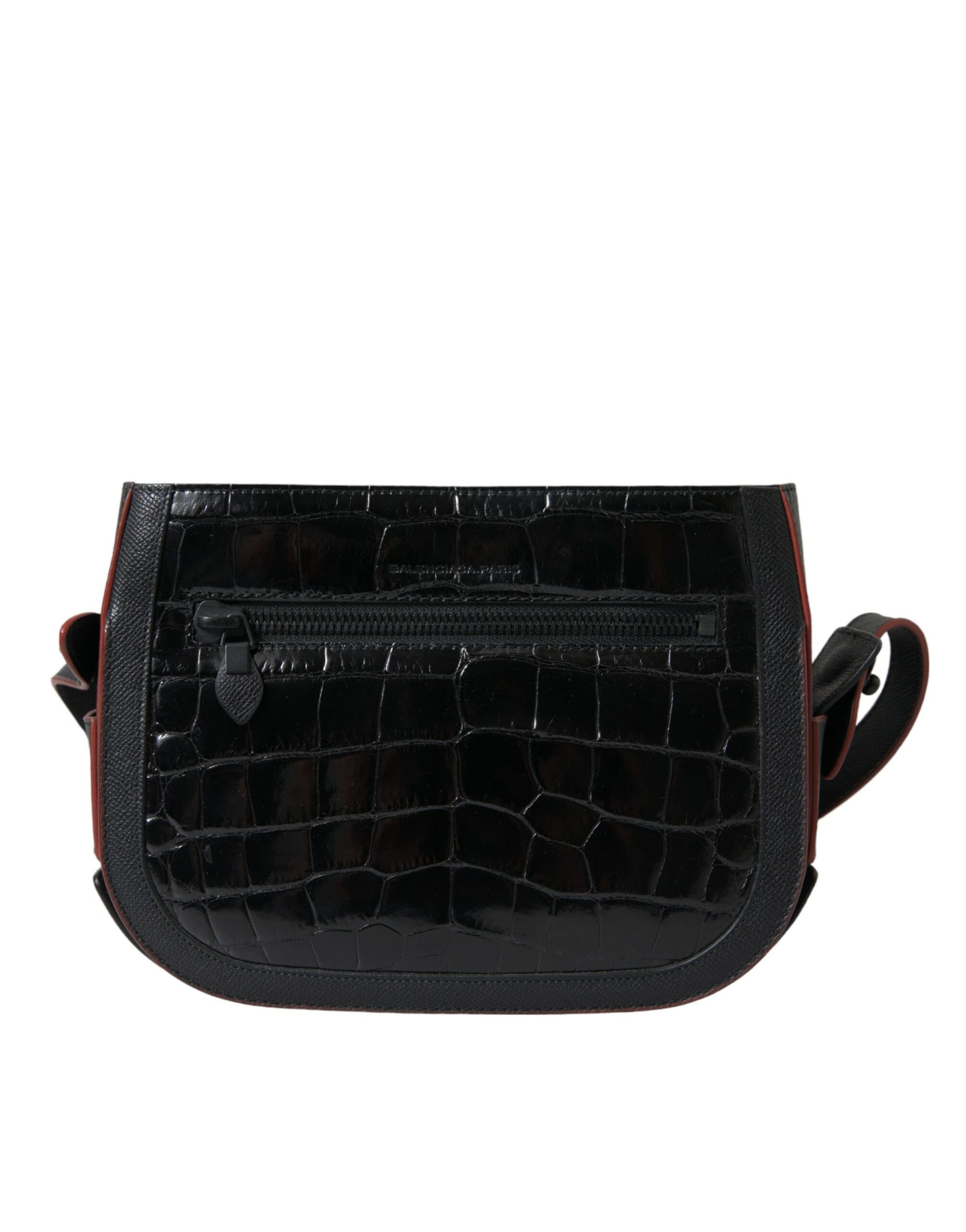 Compact Camera Crossbody Handbag by Balenciaga for women in croc skin leather black features a versatile chic silhouette, meticulously detailed with a secure snap & button, ample , and versatile crossbody-strap, shoulder-strap & adjustable-strap.