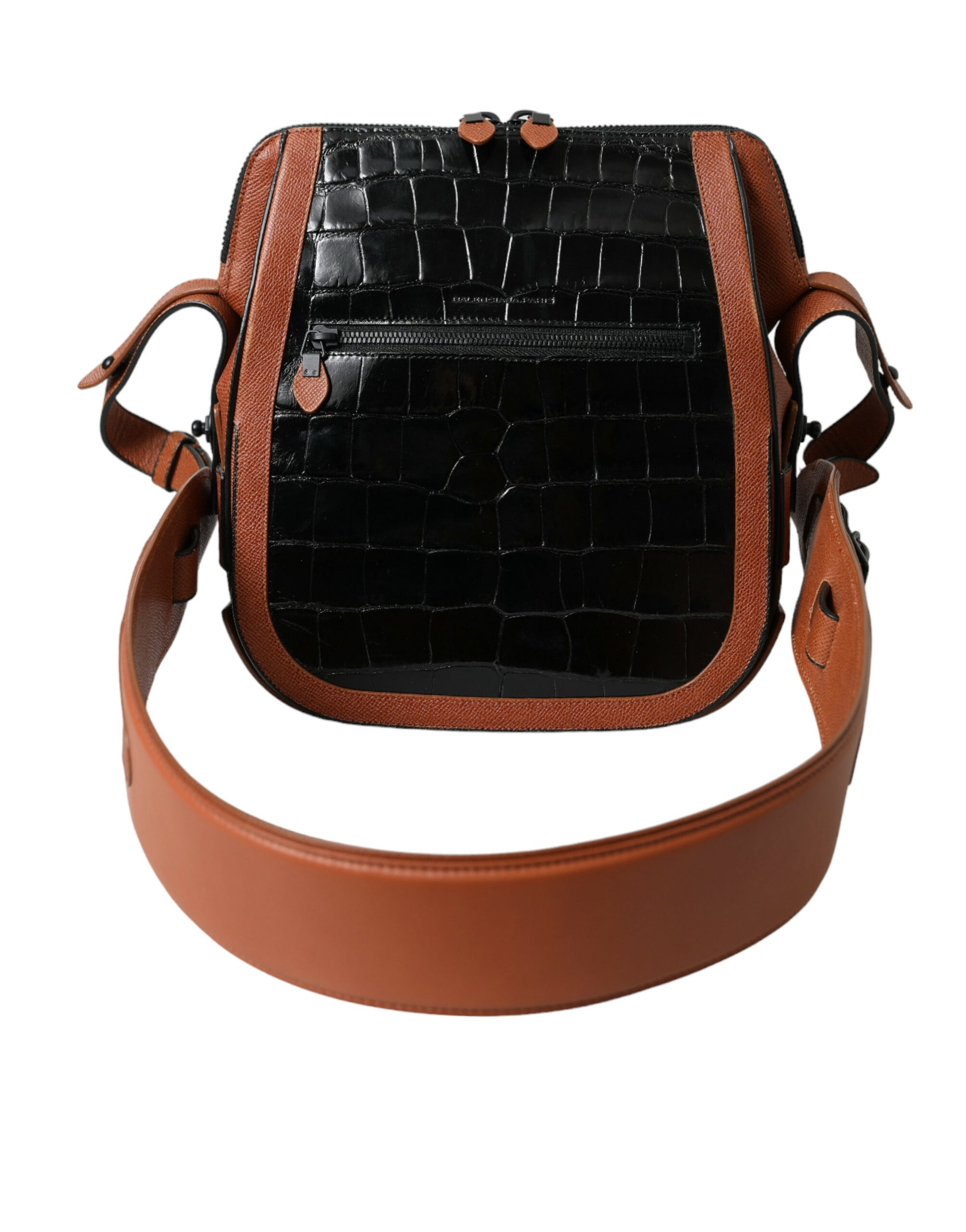 Compact 2-in-1 Shoulder & Crossbody Messenger Handbag by Balenciaga for women in crocodile skin leather black & brown features a transformative sophistication silhouette, showcasing a secure zipper, ample , and versatile crossbody-strap, shoulder-strap & adjustable-strap for a transformative sophistication look.