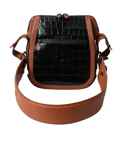 Compact 2-in-1 Shoulder & Crossbody Messenger Handbag by Balenciaga for women in crocodile skin leather black & brown features a transformative sophistication silhouette, showcasing a secure zipper, ample , and versatile crossbody-strap, shoulder-strap & adjustable-strap for a transformative sophistication look.