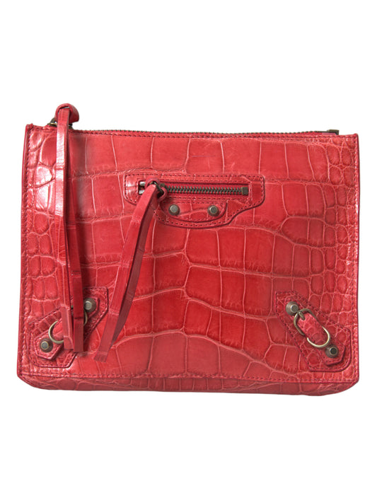 Compact Clutch Handbag by Balenciaga for women in alligator skin leather red showcases a sculptural silhouette, featuring a secure zipper, ample , and versatile for a sculptural aesthetic.